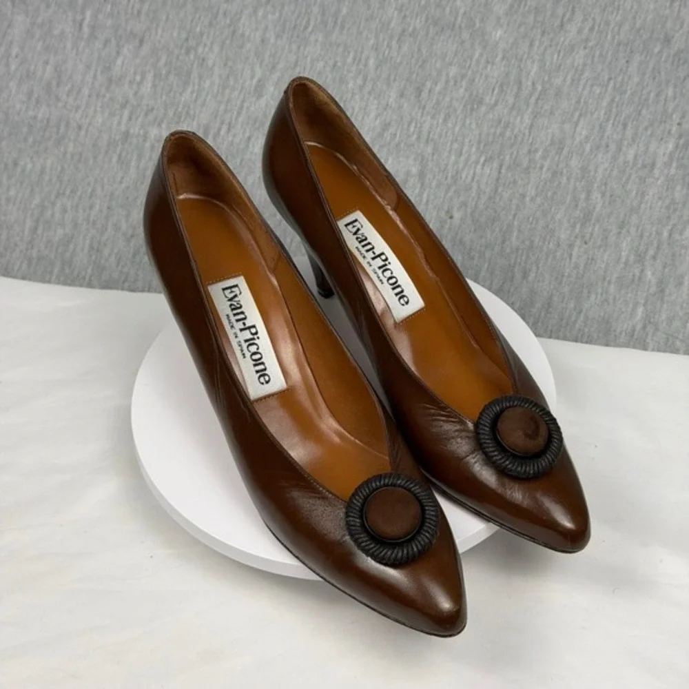 Evan-Picone Kayla Chocolate Brown Leather Pointed‎ Toe Pumps Made in Spain 8.5 S